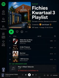 𝗙𝗜𝗖𝗛𝗜𝗘𝗦 𝗞𝗪𝗔𝗥𝗧𝗔𝗔𝗟 𝟯 𝗣𝗟𝗔𝗬𝗟𝗜𝗦𝗧 🎧

Dit is reeds die derde week van kwartaal drie, maar Luan smag steeds na nóg ’n week vakansie. Ongelukkig is daardie liedjie nie beskikbaar nie! 

Moenie soos Luan wees nie—druk play, staan sterk en luister na die playlist:

Gemaak vir Fichies. Gemaak om te oorleef.

Geniet julle week, Fichies! 🦁🎶

#joudrome #joutoekoms #onspassie
