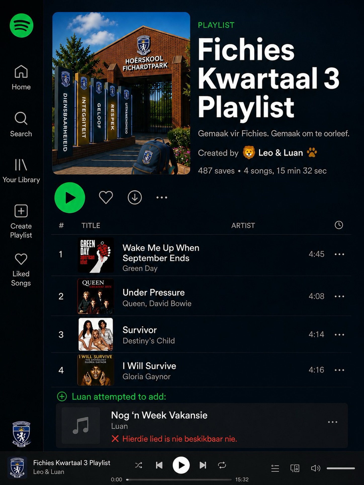 𝗙𝗜𝗖𝗛𝗜𝗘𝗦 𝗞𝗪𝗔𝗥𝗧𝗔𝗔𝗟 𝟯 𝗣𝗟𝗔𝗬𝗟𝗜𝗦𝗧 🎧

Dit is reeds die derde week van kwartaal drie, maar Luan smag steeds na nóg ’n week vakansie. Ongelukkig is daardie liedjie nie beskikbaar nie! 

Moenie soos Luan wees nie—druk play, staan sterk en luister na die playlist:

Gemaak vir Fichies. Gemaak om te oorleef.

Geniet julle week, Fichies! 🦁🎶

#joudrome #joutoekoms #onspassie