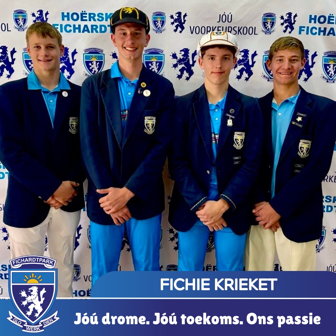 𝗙𝗜𝗖𝗛𝗜𝗘 𝗞𝗥𝗜𝗘𝗞𝗘𝗧 🏏

Baie geluk aan Diederik de Vos, Jaden Geldenhuys, Roelof Herbst en Nicolaas Vermeulen wat verkies is vir die OFS Smart Repair Turbo Boosters Uitnodigingspan wat aan die Greyt Bash-kriekettoernooi op 28 en 29 Augustus 2026 gaan deelneem.

Die uitnodigingspan bestaan uit vier spelers elk van Hoërskool Fichardtpark, Hoërskool Jim Fouché en Hoërskool Sentraal – ’n besondere prestasie om deel van hierdie span te wees.

’n Spesiale geluk ook aan Diederik en Jaden, wat vir die tweede agtereenvolgende jaar vir die span gekies is nadat hulle verlede jaar deel was van die wenspan wat die Greyt Bash-titel ingepalm het.

Ons is ongelooflik trots op julle en wens julle alle sterkte toe. Geniet elke oomblik en dra die Fichie-kleure met trots!

#fichiekrieket #joudrome #joutoekoms #onspassie