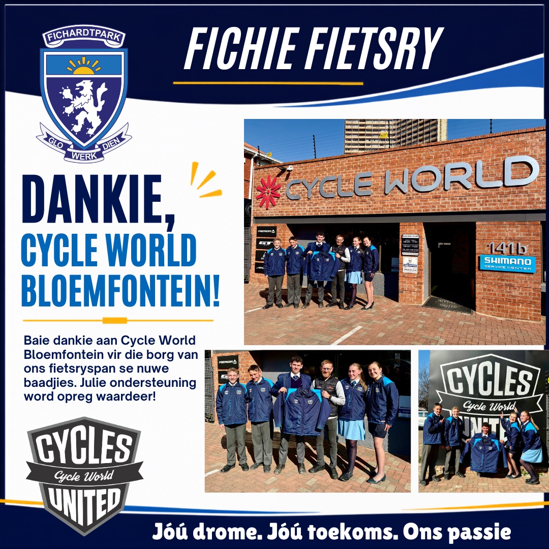 𝗙𝗜𝗖𝗛𝗜𝗘 𝗙𝗜𝗘𝗧𝗦𝗥𝗬𝗦𝗣𝗔𝗡 🚴🚴

’n Besonderse dankie aan Cycle World Bloemfontein wat ons fietsryspan met splinternuwe baadjies geborg het!

Ons Fichies lyk ekstra spoggerig! Julle ondersteuning en belegging in ons leerders word opreg waardeer.

Baie dankie dat julle deel is van ons Fichie-familie!

@cycleworld_bloemfontein 

#fichiefietsry #joudrome #joutoekoms #onspassie