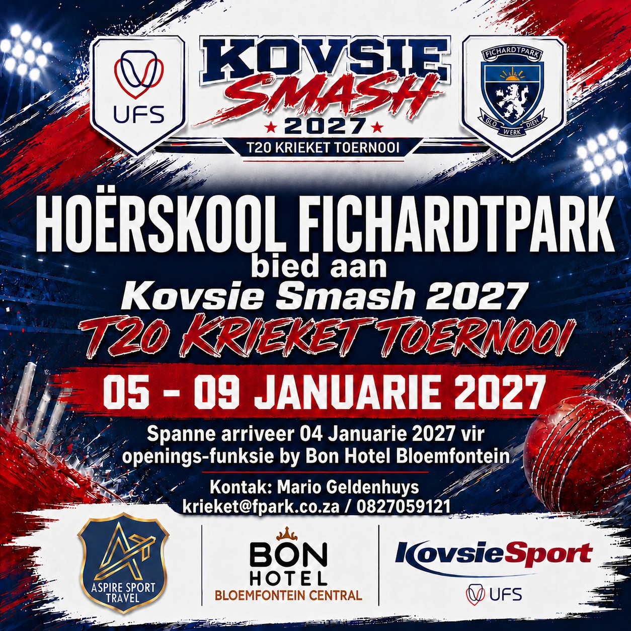 𝗞𝗢𝗩𝗦𝗜𝗘 𝗦𝗠𝗔𝗦𝗛 𝟮𝟬𝟮𝟳🏏 

Hoërskool Fichardtpark is opgewonde om die Kovsie Smash 2027 amptelik aan te kondig!

Ons sien reeds uit na nóg ’n lekker krieketgeleentheid in 2027. Skole wat belangstel om deel te wees van volgende jaar se Kovsie Smash, kan meer inligting op Hoërskool Fichardtpark se Facebook-blad kry.

Ons sien uit daarna om julle in 2027 te verwelkom!

@aspire_sport_travel | @kovsiesport | @bonbloem 

#fichiekrieket #joudrome #joutoekoms #onspassie