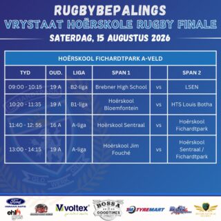 VRYSTAAT HOËRSKOLE RUGBY FINALE 🏉

Baie sterkte aan ons rugbyspanne wat hierdie komende Saterdag, 15 Augustus 2026, in die finaal speel!

📍 Hoërskool Fichardtpark Rugbyvelde

#fichierugby #joudrome #joutoekoms #onspassie