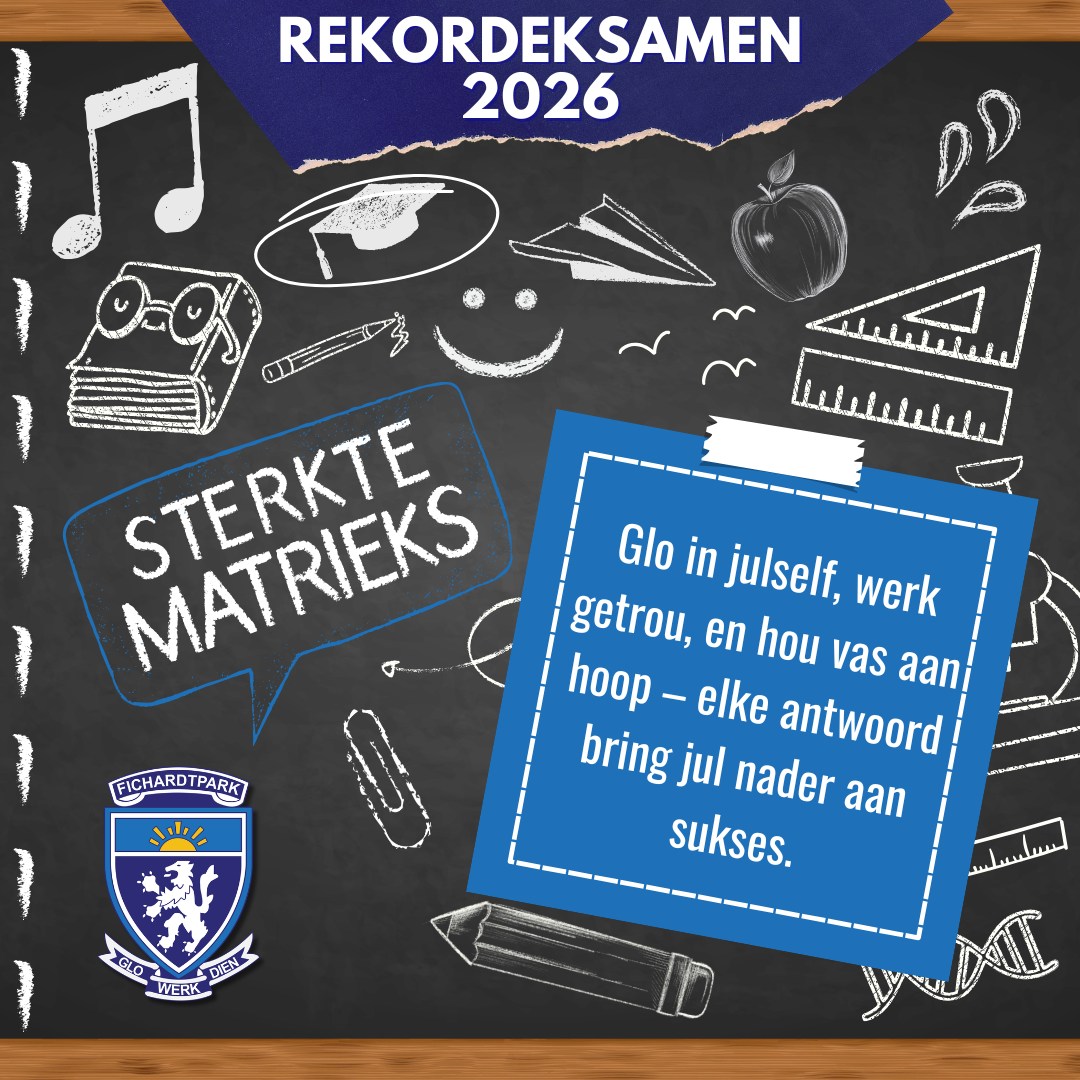 𝗥𝗘𝗞𝗢𝗥𝗗𝗘𝗞𝗦𝗔𝗠𝗘𝗡

Sterkte aan al ons matrieks met julle rekordeksamen! Mag julle met selfvertroue, fokus en vasberadenheid elke vraestel aanpak. Julle harde werk en voorbereiding sal vrugte afwerp.

“Ek is tot alles in staat deur Hom wat my krag gee.”
Filippense 4:13

Ons glo in julle!

#joudrome #joutoekoms #onspassie