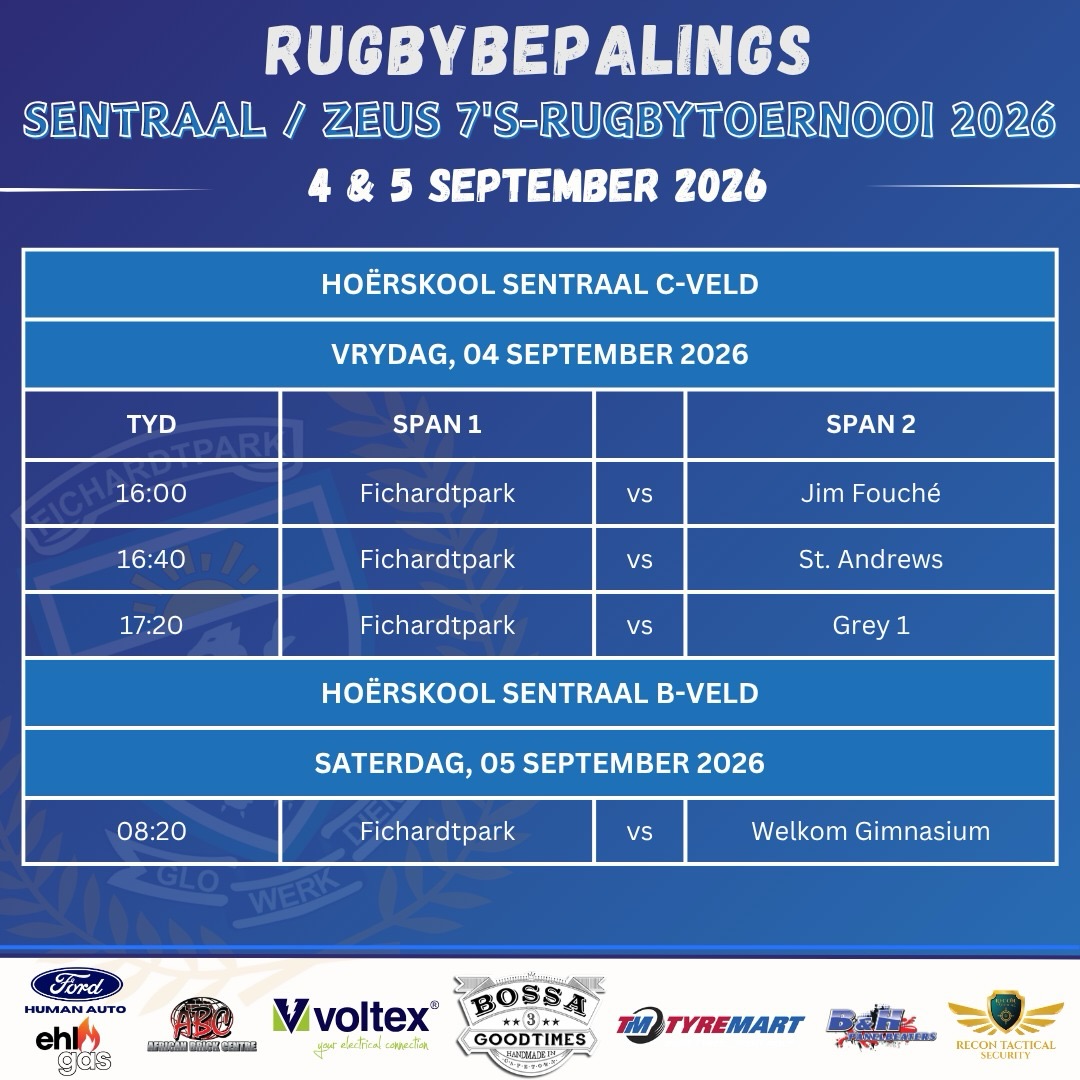 𝗦𝗘𝗡𝗧𝗥𝗔𝗔𝗟/𝗭𝗘𝗨𝗦 𝟳’𝗦-𝗥𝗨𝗚𝗕𝗬𝗧𝗢𝗘𝗥𝗡𝗢𝗢𝗜 𝟮𝟬𝟮𝟲 🏉

Baie sterkte aan ons o.15 7’s-rugbyspan wat aan die Sentraal/Zeus 7’s-rugbytoernooi deelneem.

#fichierugby #joudrome #joutoekoms #onspassie