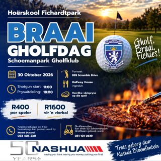 𝗙𝗜𝗖𝗛𝗔𝗥𝗗𝗧𝗣𝗔𝗥𝗞 𝗕𝗥𝗔𝗔𝗜 𝗚𝗛𝗢𝗟𝗙𝗗𝗔𝗚 𝟮𝟬𝟮𝟲 | 𝗧𝗥𝗢𝗧𝗦 𝗚𝗘𝗕𝗢𝗥𝗚 𝗗𝗘𝗨𝗥 𝗡𝗔𝗦𝗛𝗨𝗔 𝗕𝗟𝗢𝗘𝗠𝗙𝗢𝗡𝗧𝗘𝗜𝗡

Hoërskool Fichardtpark se jaarlikse gholfdag is om die draai – maak seker jy mis dit nie!

📅 30 Oktober 2026
📍 Schoemanpark Gholfbaan
⛳ R1 600 per vierbal

Kontak Morné Durand vir vierbalbesprekings en putjieborgskappe by 083 405 2311.

Gholfkarretjies kan direk by Schoemanpark Gholfbaan bespreek word by 051 101 0619.

Ons sien uit na ’n heerlike dag op die gholfbaan!