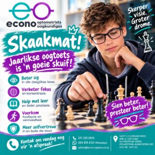 𝗚𝗼𝗲𝗶𝗲 𝘀𝗶𝗴 𝗺𝗮𝗮𝗸 ’𝗻 𝗴𝗿𝗼𝗼𝘁 𝘃𝗲𝗿𝘀𝗸𝗶𝗹 – in die klaskamer, op die sportveld én in die alledaagse lewe. ’n Jaarlikse oogtoets kan help om fokus, konsentrasie en selfvertroue te verbeter.

Maak seker jou kind sien duidelik en is gereed om sy/haar beste te gee. Kontak Econo Optometrists vandag nog vir ’n afspraak.

@econooptometrists 

Sien beter. Presteer beter! ♟️