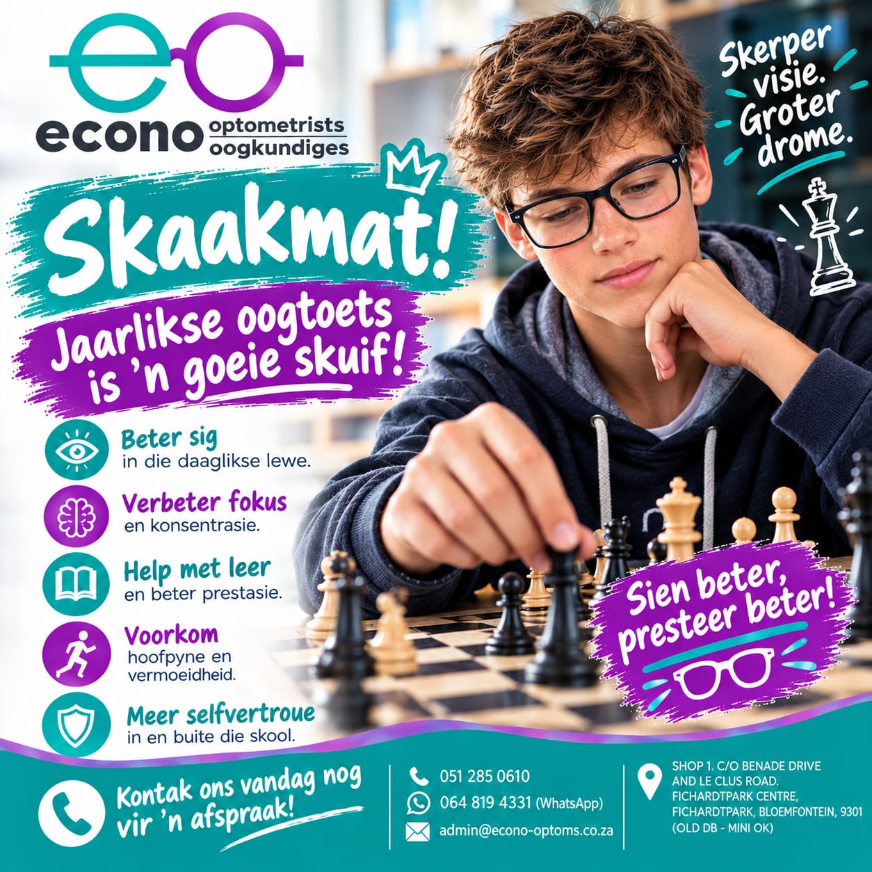 𝗚𝗼𝗲𝗶𝗲 𝘀𝗶𝗴 𝗺𝗮𝗮𝗸 ’𝗻 𝗴𝗿𝗼𝗼𝘁 𝘃𝗲𝗿𝘀𝗸𝗶𝗹 – in die klaskamer, op die sportveld én in die alledaagse lewe. ’n Jaarlikse oogtoets kan help om fokus, konsentrasie en selfvertroue te verbeter.

Maak seker jou kind sien duidelik en is gereed om sy/haar beste te gee. Kontak Econo Optometrists vandag nog vir ’n afspraak.

@econooptometrists 

Sien beter. Presteer beter! ♟️
