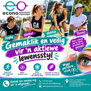 𝗦𝗜𝗘𝗡 𝗦𝗞𝗘𝗥𝗣. 𝗦𝗣𝗘𝗘𝗟 𝗠𝗘𝗧 𝗩𝗘𝗥𝗧𝗥𝗢𝗨𝗘

’n Aktiewe leefstyl vra vir goeie sig en gemak. Met kontaklense van Econo Optometrists kan jy met meer vryheid beweeg, speel en presteer — sonder dat jou bril in die pad is.

Maak vandag nog ’n afspraak en vind uit watter opsie die beste by jou leefstyl pas.

@econooptometrists – gemaklik en veilig vir ’n aktiewe lewenstyl.