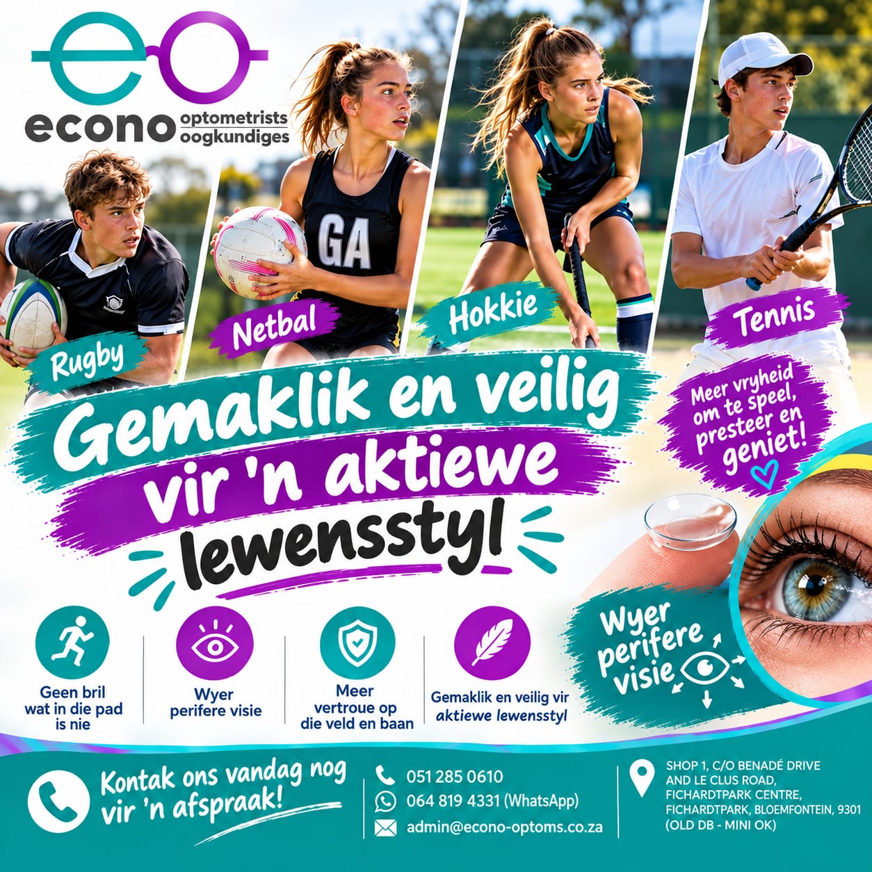 𝗦𝗜𝗘𝗡 𝗦𝗞𝗘𝗥𝗣. 𝗦𝗣𝗘𝗘𝗟 𝗠𝗘𝗧 𝗩𝗘𝗥𝗧𝗥𝗢𝗨𝗘

’n Aktiewe leefstyl vra vir goeie sig en gemak. Met kontaklense van Econo Optometrists kan jy met meer vryheid beweeg, speel en presteer — sonder dat jou bril in die pad is.

Maak vandag nog ’n afspraak en vind uit watter opsie die beste by jou leefstyl pas.

@econooptometrists – gemaklik en veilig vir ’n aktiewe lewenstyl.