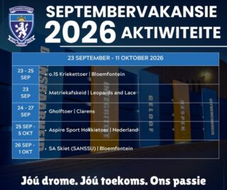 𝗦𝗘𝗣𝗧𝗘𝗠𝗕𝗘𝗥𝗩𝗔𝗞𝗔𝗡𝗦𝗜𝗘-𝗔𝗞𝗧𝗜𝗪𝗜𝗧𝗘𝗜𝗧𝗘

Baie sterkte aan al ons personeel en leerders wat gedurende die Septembervakansie aan verskeie aktiwiteite deelneem. Ons wens julle alles van die beste toe!

#joudrome #joutoekoms #onspassie