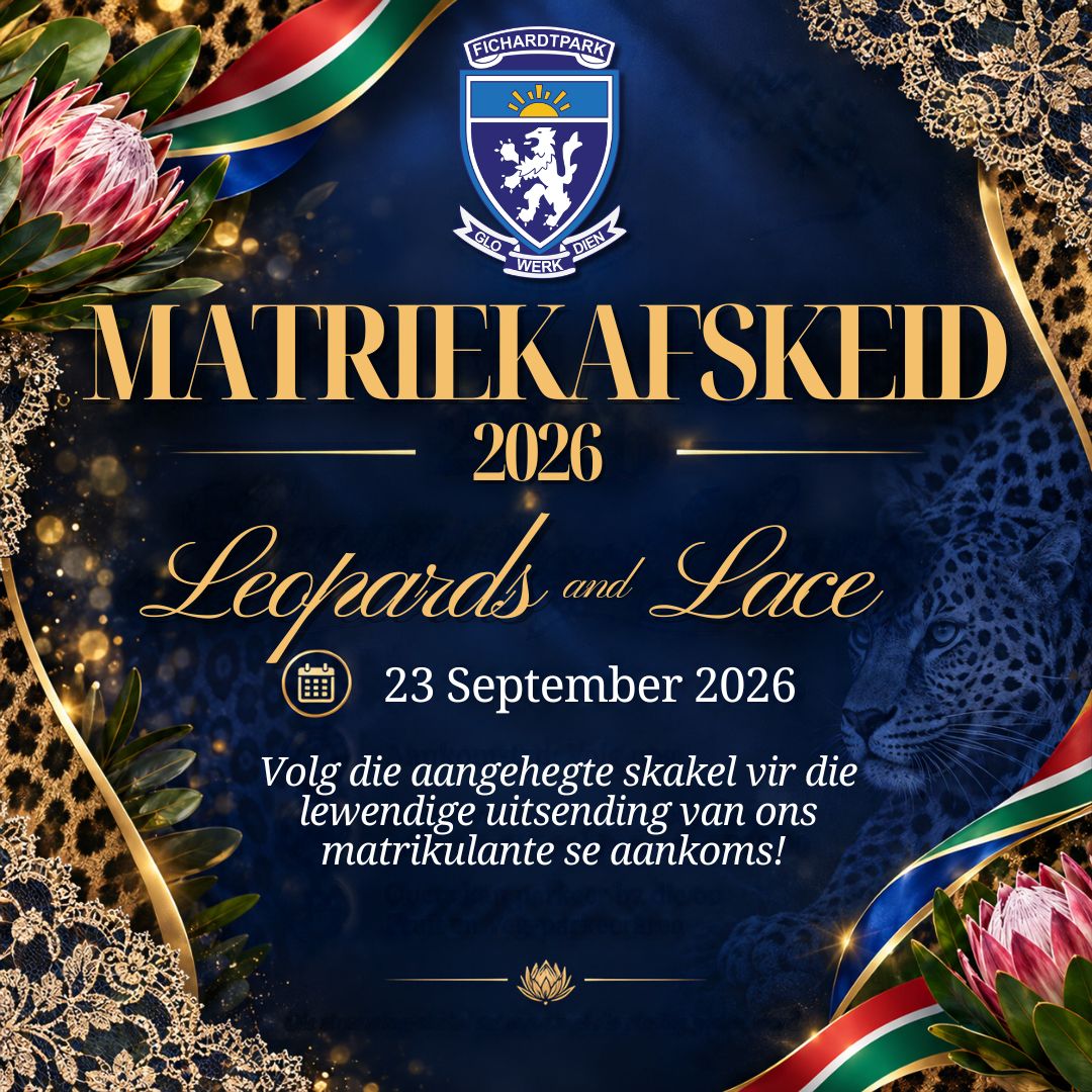 MATRIEKAFSKEID 2026:

Die volgende skakel gee toegang tot die uitsending van ons matrikulante se aankoms by die Matriekafskeid 2026. 

https://www.youtube.com/live/_JuP2h8HbpU?si=vs9xi5RUtWxI9fvm