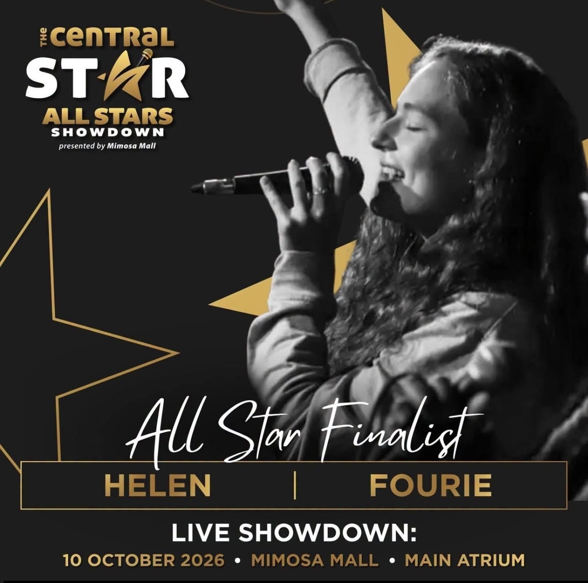 𝗢𝗨𝗗-𝗦𝗞𝗢𝗟𝗜𝗘𝗥 | 𝗛𝗘𝗟𝗘𝗡 𝗙𝗢𝗨𝗥𝗜𝗘

Helen Fourie, matrikulant van 2023, het tydens haar matriekeindeksamen aan die All Star-sangkompetisie deelgeneem en ’n tweede plek behaal!

Mimosa Mall bied dié kompetisie vanjaar vir die laaste keer aan en het vorige jare se topdeelnemers genooi om weer op te tree. Op Saterdag, 10 Oktober, sal Helen weer saam met ander topdeelnemers op die verhoog te sien wees.

Helen was een van Fichies se topmusiekstudente en presteer steeds puik. Ons is trots op jou, Helen, en sien uit om jou weer op die verhoog te sien skitter!

#oudskoliere #joudrome #joutoekoms #onspassie