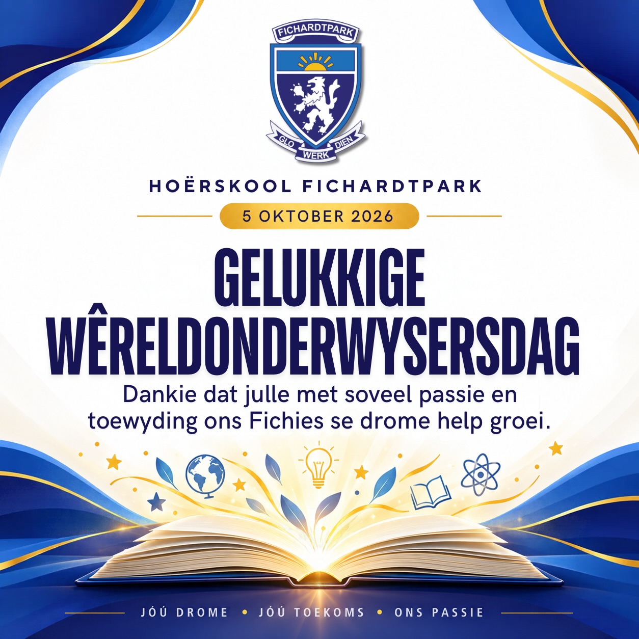 GELUKKIGE WÊRELDONDERWYSERSDAG

Vandag vier ons die onderwysers wat elke dag ’n verskil in ons Fichies se lewens maak. Dankie vir julle passie, toewyding en die geloof wat julle in elke leerder se drome het. Ons waardeer julle!

#joudrome #joutoekoms #onspassie