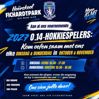 𝗙𝗜𝗖𝗛𝗔𝗥𝗗𝗧𝗣𝗔𝗥𝗞 𝗛𝗢𝗞𝗞𝗜𝗘 | 𝗢.𝟭𝟰-𝗛𝗢𝗞𝗞𝗜𝗘𝗦𝗣𝗘𝗟𝗘𝗥𝗦 𝟮𝟬𝟮𝟳

Toekomstige Fichie-hokkiespelers, kom wys julle gees op die hokkieveld! Ons nooi julle om saam met ons te oefen, die afrigter te ontmoet en die Fichie-omgewing te leer ken.

Oefeninge gedurende Oktober en November 2026:
Seuns: Dinsdae, 16:30–17:30
Dogters: Donderdae, 15:30–16:30

Kom kry ’n voorsmakie van wat 2027 gaan inhou. Ons sien julle op die veld!

#joudrome #joutoekoms #onspassie