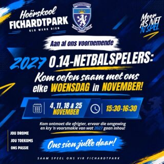 𝗙𝗜𝗖𝗛𝗔𝗥𝗗𝗧𝗣𝗔𝗥𝗞 𝗡𝗘𝗧𝗕𝗔𝗟 | 𝗢.𝟭𝟰-𝗡𝗘𝗧𝗕𝗔𝗟𝗦𝗣𝗘𝗟𝗘𝗥𝗦 𝟮𝟬𝟮𝟳

Is jy gereed om in 2027 deel van Fichardtpark-netbal te wees? Kom oefen saam met ons, ontmoet die afrigter en beleef die opwinding op die netbalbaan!

Datums: 4, 11, 18 en 25 November 2026
Tyd: 15:30–16:30

Kom leer ken jou toekomstige spanmaats en kry ’n voorsmakie van jou netbaljaar by Fichardtpark. Ons sien julle daar!

#joudrome #joutoekoms #onspassie