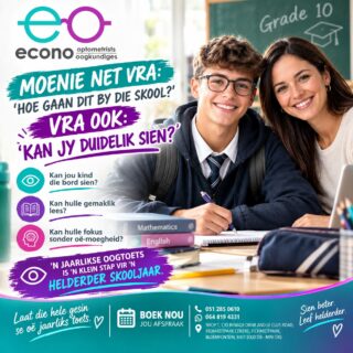 𝗞𝗔𝗡 𝗝𝗢𝗨 𝗞𝗜𝗡𝗗 𝗗𝗨𝗜𝗗𝗘𝗟𝗜𝗞 𝗦𝗜𝗘𝗡?

’n Nuwe skoolkwartaal bring nuwe uitdagings, nuwe doelwitte en baie ure se lees en leer. Maak seker jou kind se oë is gereed daarvoor.
Kan hulle die bord duidelik sien? Lees hulle gemaklik? Kan hulle fokus sonder oogmoegheid?

’n Jaarlikse oogtoets is ’n klein stap wat ’n groot verskil kan maak.

Bespreek jou afspraak by @econooptometrists Fichardtpark en begin die kwartaal met ’n helder uitsig.
