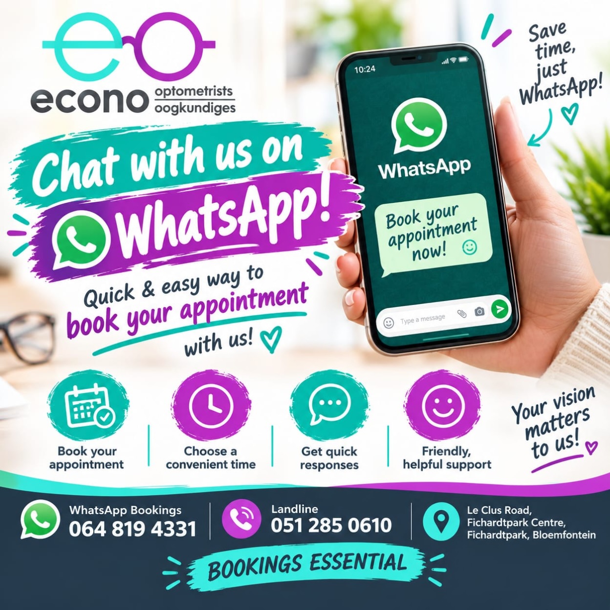 𝗝𝗢𝗨 𝗩𝗢𝗟𝗚𝗘𝗡𝗗𝗘 𝗢𝗢𝗚𝗔𝗙𝗦𝗣𝗥𝗔𝗔𝗞 𝗜𝗦 𝗡𝗘𝗧 ’𝗡 𝗪𝗛𝗔𝗧𝗦𝗔𝗣𝗣 𝗪𝗘𝗚 👓 

Bespreek vinnig en maklik by Econo Oogkundiges.

📲 WhatsApp: 064 819 4331
📍 Fichardtpark Sentrum, Bloemfontein

Jou sig maak vir ons saak! ✨

@econooptometrists