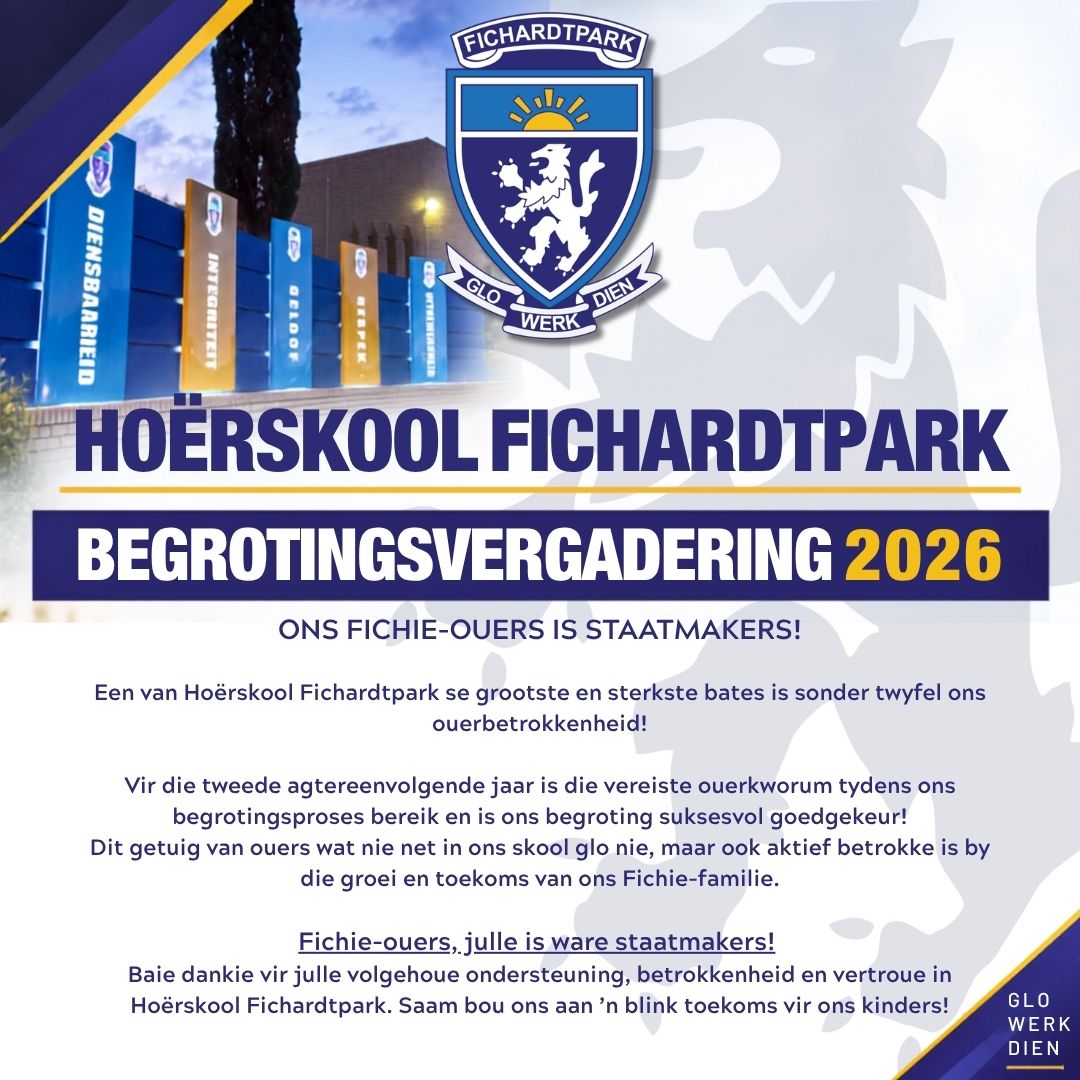 𝗢𝗡𝗦 𝗙𝗜𝗖𝗛𝗜𝗘-𝗢𝗨𝗘𝗥𝗦 𝗜𝗦 𝗪𝗔𝗥𝗘 𝗦𝗧𝗔𝗔𝗧𝗠𝗔𝗞𝗘𝗥𝗦

Vir die tweede agtereenvolgende jaar is ons ouerkworum bereik en ons begroting suksesvol goedgekeur! 

Baie dankie aan elke Fichie-ouer vir julle betrokkenheid, ondersteuning en vertroue. Saam bou ons aan ons skool se toekoms!

Ons is trots op ons Fichie-familie!

#joudrome #joutoekoms #onspassie